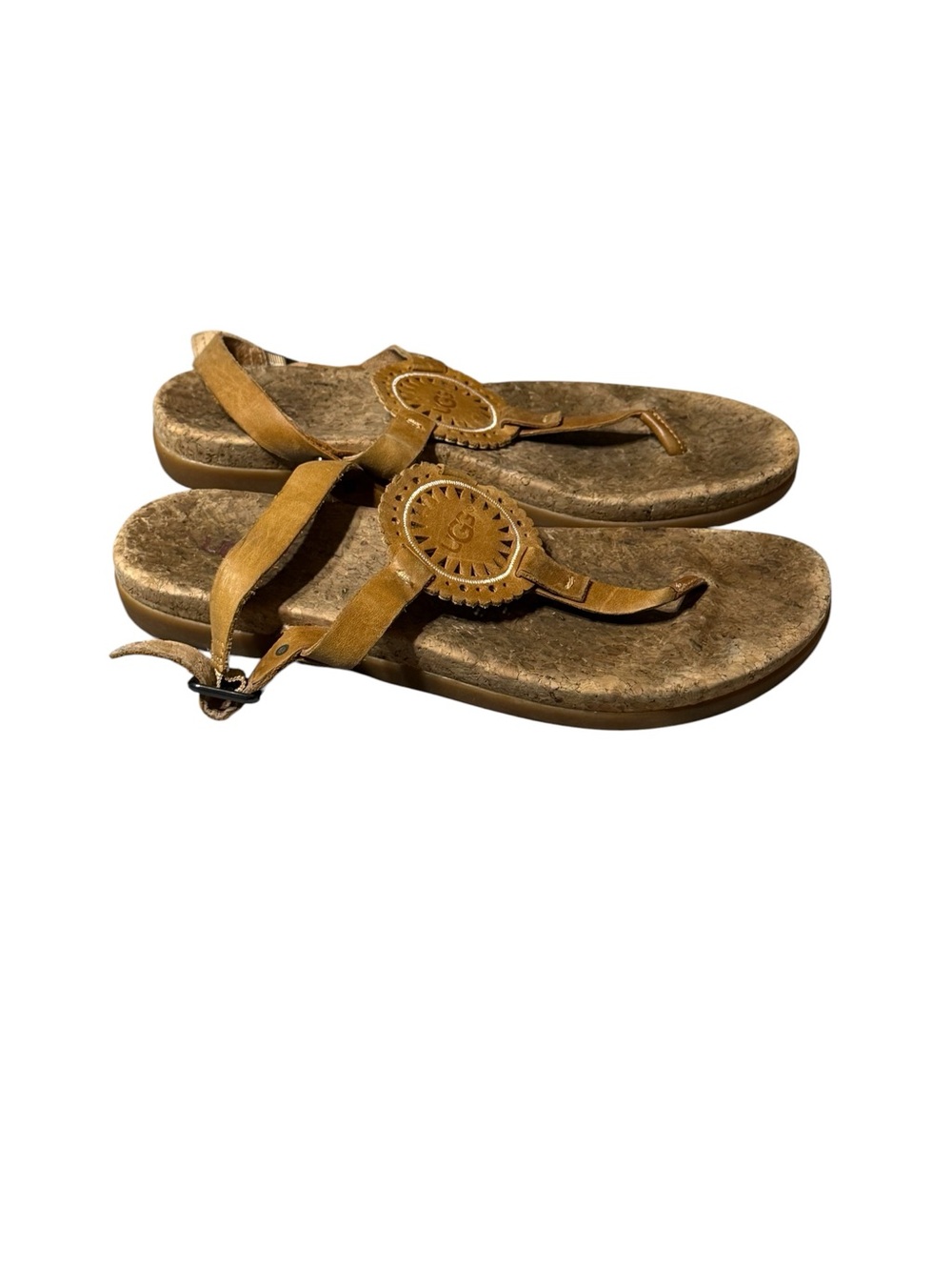 UGG Ayden II Brown Leather Medallion Cork Thong Slingback Sandals Size 8